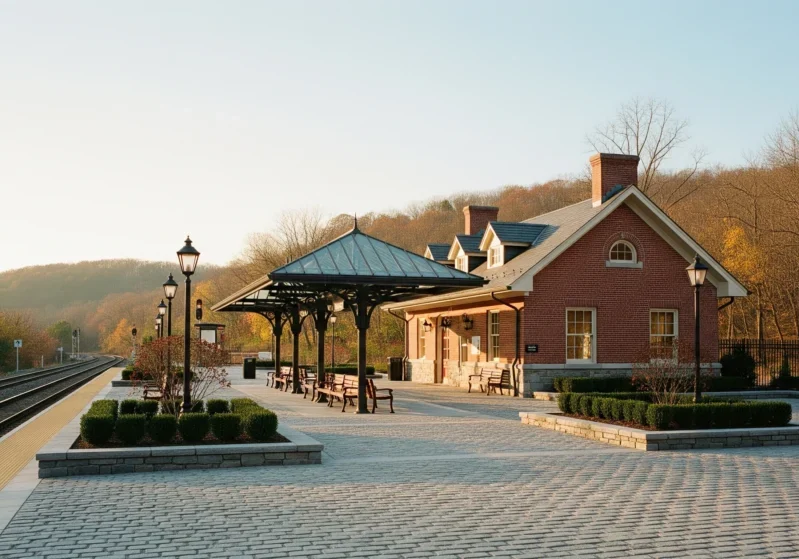 A quaint brick building with a covered pavilion on a cobblestone street.