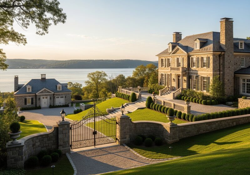 A luxurious mansion overlooking a serene lake at sunset.