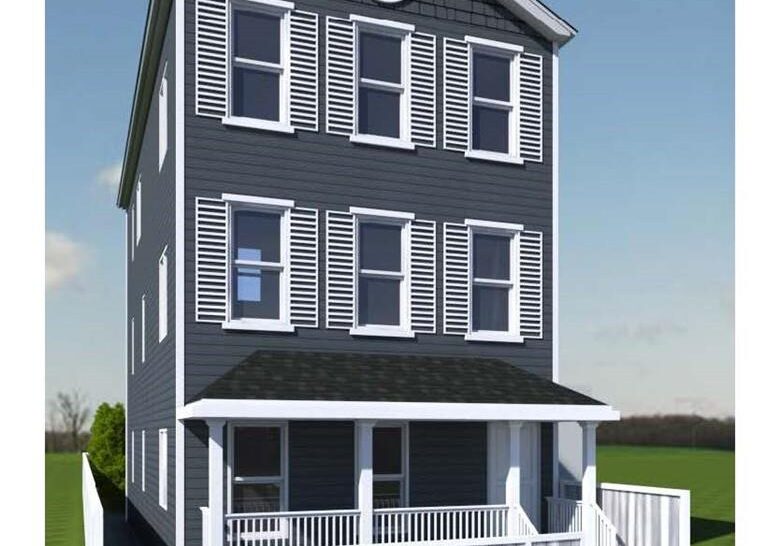 Three-story gray house with white trim and a front porch.