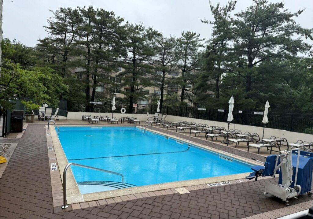 Outdoor swimming pool surrounded by trees and lounge chairs.