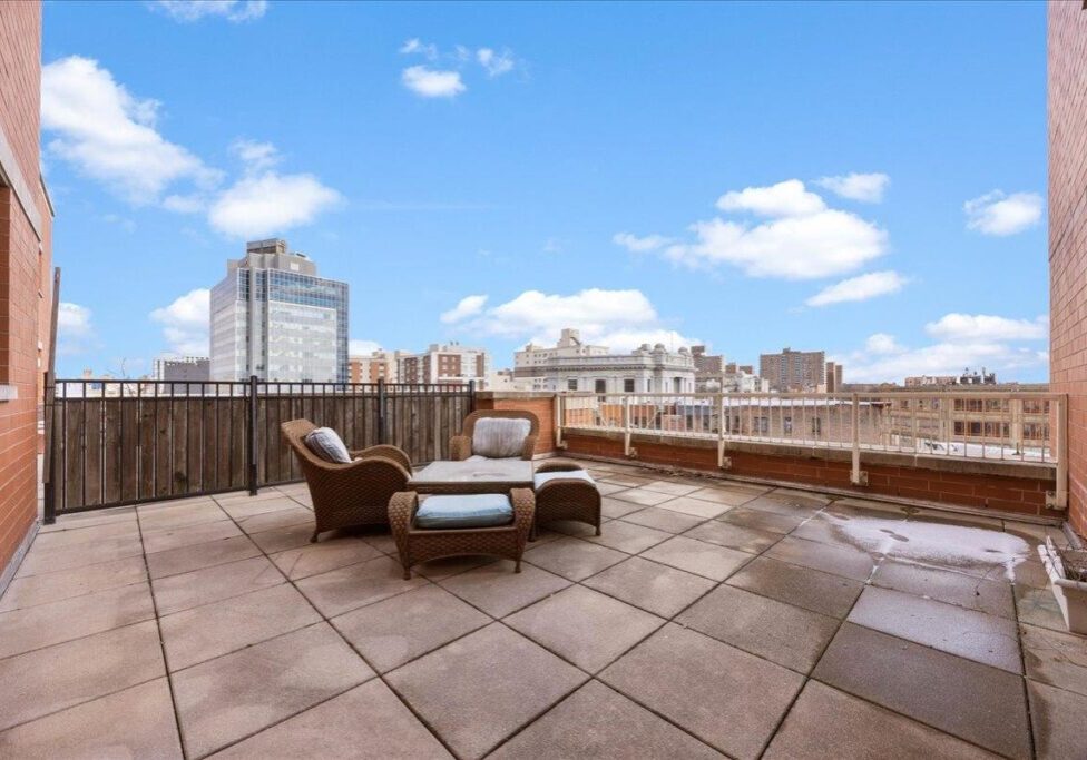 Spacious rooftop terrace with lounge chairs and city views under a blue sky.