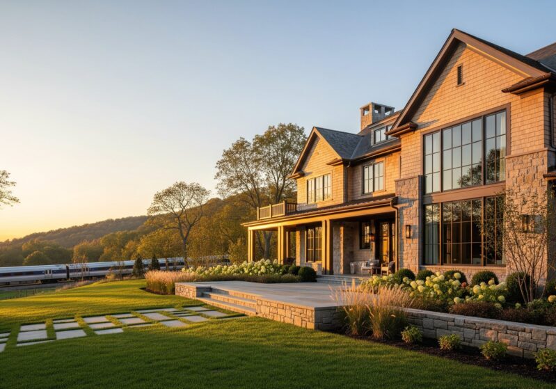 A beautiful modern house with large windows at sunset.
